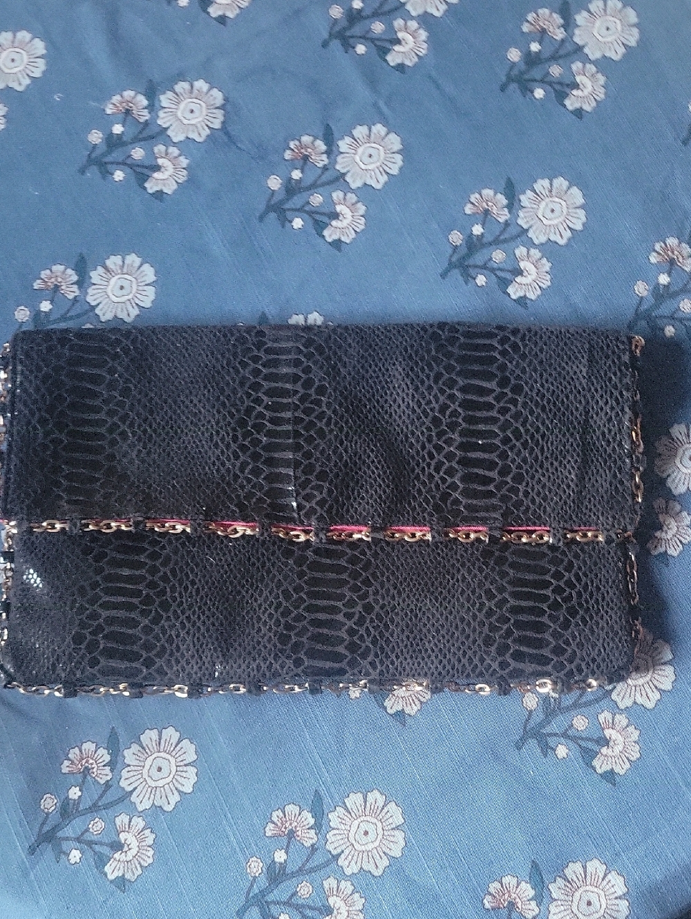 Nicki Minaj Black Snake-Texture Clutch with Chain Trim